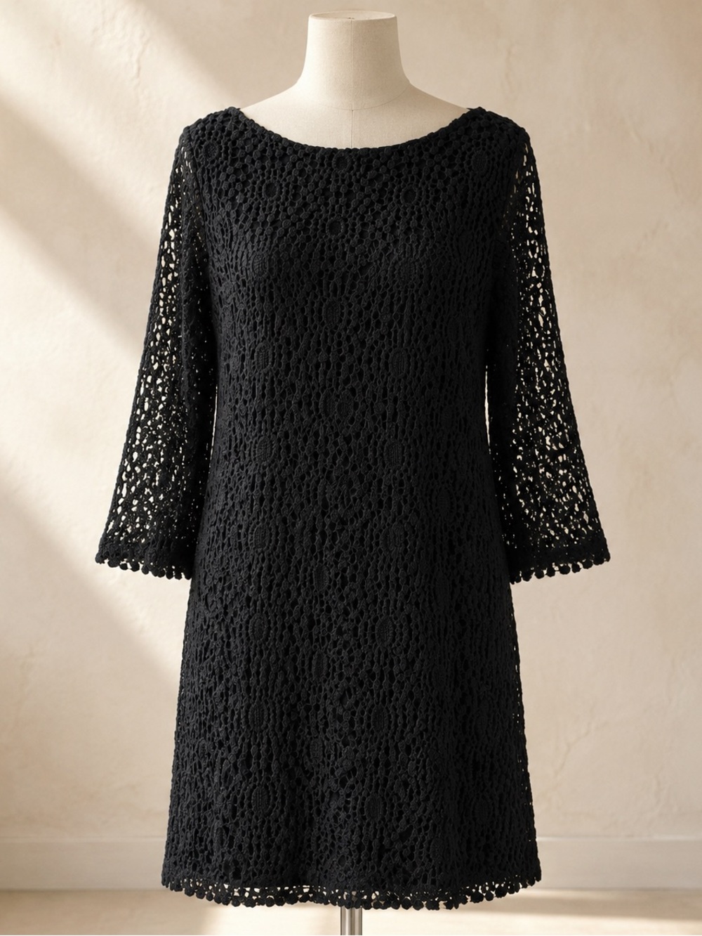 Sharagano Black Lace Shift Dress Sz 8 Sheer Overlay Boho Chic Elegant